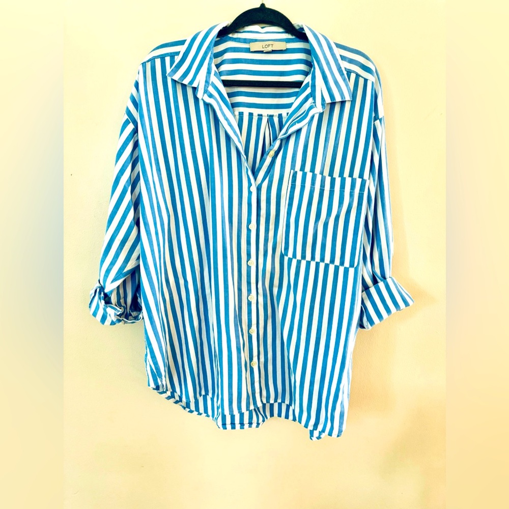 LOFT Blue/White Striped Buttondown Shirt XL